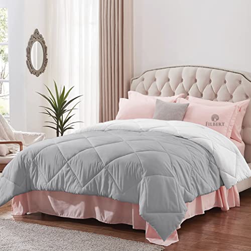 Image of Filbert - King Size Comforter for Winter 300 GSM Reversible Microfiber Soft & Cozy Diamond Stitch Quilt (92 inch x 106 inch Inches /233cm x 269cm) - Comforter King Size|Silver /White