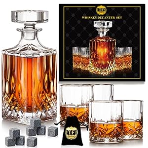Whiskey Decanter Gift Set, Unique Burbon Whiskey Decanter, Set with 4 Glasses & 8 Whiskey Stones, Gift for Home Bar, Gift for Men Dad Boyfriend Husband