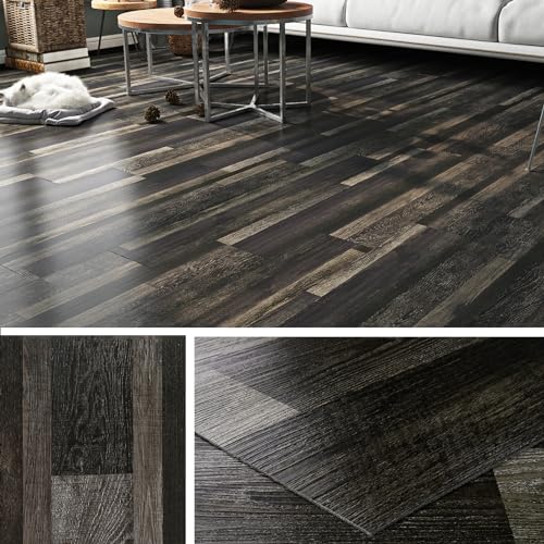 Livelynine Vinyl Flooring Planks Self Adhesive Floor Planks Black 90x15 Peel and Stick Floor Tiles Wood Effect 18 Pack Waterproof Bathroom Flooring Laminate Kitchen Floor Tiles Self Adhesive Dark Wood