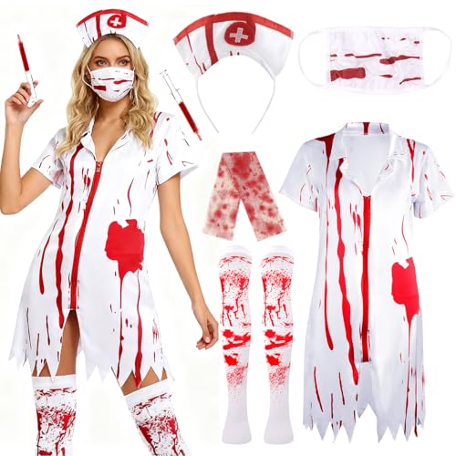 Hifot Disfraz Enfermera Halloween Mujer Disfraz Zombie Adulto Talla Única Máscara Diadema Sangriento Aterrador Vendas de Gasa Vestido Blancos, Disfraces Halloween Mujer Carnaval Cosplay