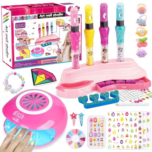 Kit de arte de unhas para crianças, conjunto de manicure para menina, kit de pintar unhas com secador de unhas e autocolantes de unhas, kit de inta-unhas para meninas, maquilhagem menina presente de
