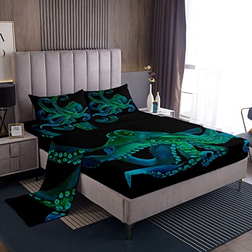 Feelyou Kids Sheet Set Full Octopus Bed Sheets for Boys Girls Bedroom Ocean 3D Green Octopus Tentacles Decor Bedding Set Soft Sea Marine Kraken Sheets Set