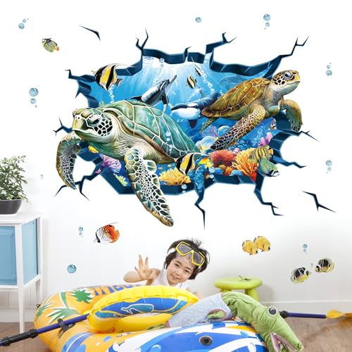 decalmile 3D Under The Sea Turtle Wall Decals Underwater Ocean Fish Broken Wall Stickers Kids Bedroom Living Room Bathroom Wall Decor