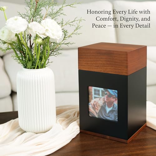 Timeless Walnut Wood Urn with Picture for Ashes Adult Male & Female – Handcrafted Cremation Urn for Human Ashes – Keepsake Box & Memorial Keepsake - Large Urns for Women & Men – Pet Urns for Dogs