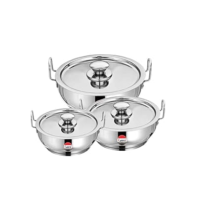 CAMRO KADHAI Induction Bottom Stainless Steel with LID Set of 3 ( 3.4 L, 4.5 L & 5.5 L), Silver,encapsulated Bottom