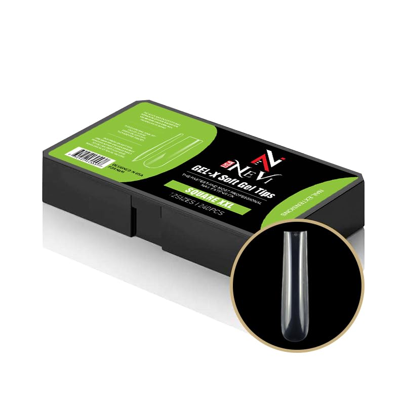 Nail Gel-X Natural Square XXL Tips Set - NeVi USA Premium Quality, 240 Tips in 10 Sizes - Complete DIY Nail Extension Kit | No Size 00 Included #5 and #6 Are Double Quantity