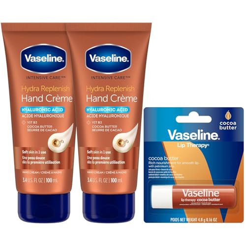 Vaseline Hand Cream 2-Pack – Hydra Replenish Crème with Hyaluronic Acid, Niacinamide & Cocoa Butter for Soft Skin + Cocoa Butter Lip Therapy Tube with Petroleum Jelly