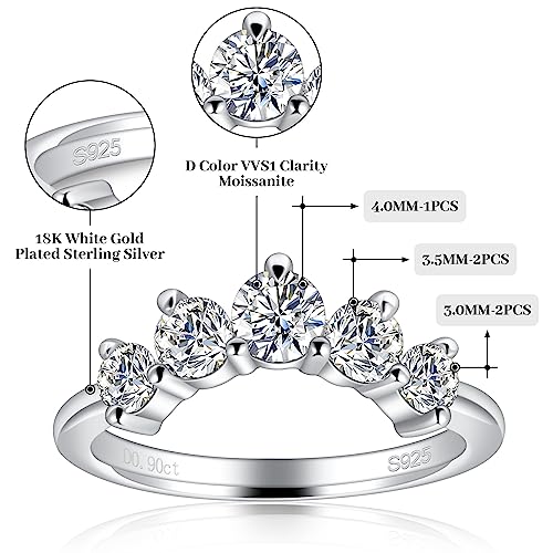Moissanite Wedding Band for Women 5 Stone Stackable Moissanite Half Eternity Ring Curved 18K White Gold Plated 925 Sterling Silver Round Cut D Color VVS1 Guard Enhancer Size 4-113