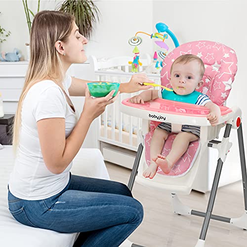 Baby Joy Folding High Chair For Babies & Toddlers, Infant Dining Chair W/Removable Dishwasher Safe Tray, 5-Point Safety Belt, Wheels, Detachable Cushion, Adjustable Backrest Footrest & Height (Pink) #TOP5