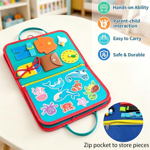 Lercaii Montessori Busy Board & Busy Book with 10+ Sensory Activities, Fine Motor Skills Learning Toy with Shoe Lacing Practice, Quiet Travel Toy for Airplane & Car, Birthday Gift for Boys Girls — view 4