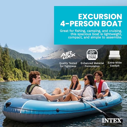 INTEX 66324EP Excursion 4 Inflatable Boat Set: Includes Deluxe 54in Aluminum Oars and High-Output Pump – Adjustable Seats with Backrest – Fishing Rod Holders – 4-Person – 1100lb Weight Capacity - Image 3