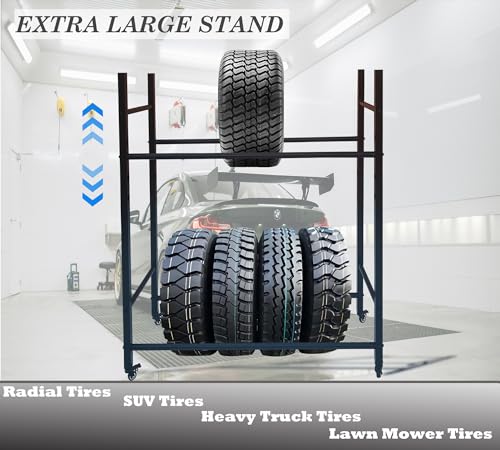 Image of Heavy Duty 12-Tire Garage Rack, Steel Tire Storage Shelf with Wheels, Adjustable in Height, Rolling Tire Rack Organizer with Waterproof Cover, Ideal for Truck /RV /SUV Tires (60 inch H x 57 inch W)
