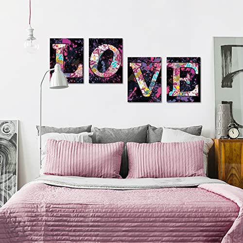 Ryounoart 4 Piece Love Wall Art Graffiti Painting On Canvas Colorful Love Print Pictures Romantic Poster Artwork For Home Bedroom Living Room Bathroom Decor Framed Ready To Hang #TOP4