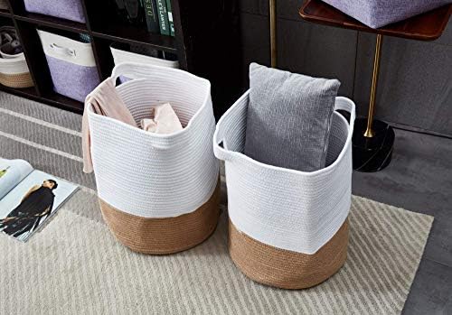 DECOMOMO Cotton Rope Storage Baskets| Woven Basket for Toy Storage, Laundry Basket, Nursery, Plant Basket, Blankets, Clothes| (Laundry Hamper Beige and White- 2 Pack)