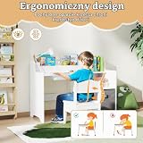COSTWAY Biurko dziecięce z krzesłem, szufladą, otwartymi półkami i pojemnikami z tkaniny, drewniane biurko szkolne w formie domu, biurko młodzieżowe dla dzieci od 3 lat, białe