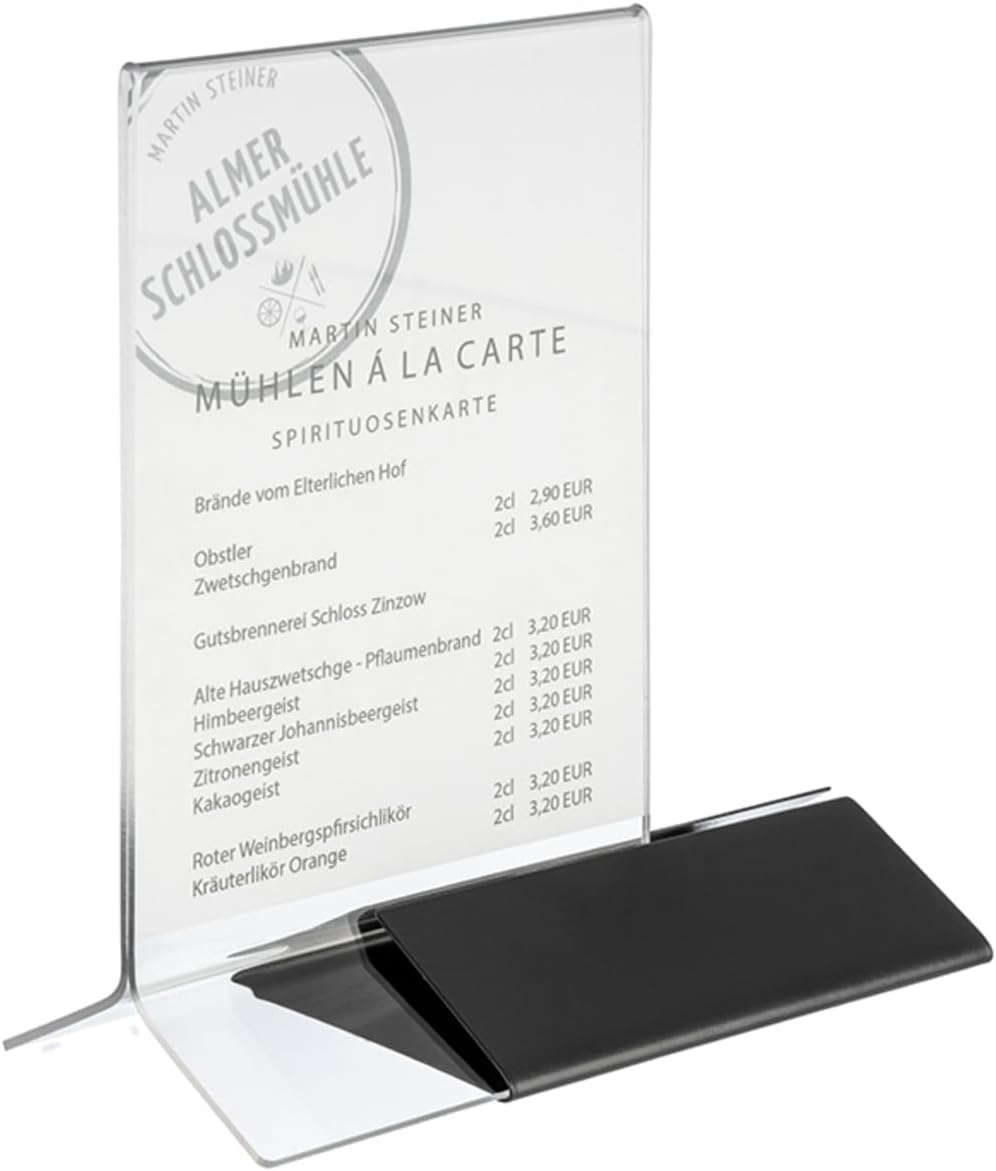 APS 71529 Card Holder, Menu Card Holder, Table Stand, Advertising Stand, 21 x 7 cm, Height 32 cm, Acrylic with Stainless Steel Base in Black, Suitable for DIN A4