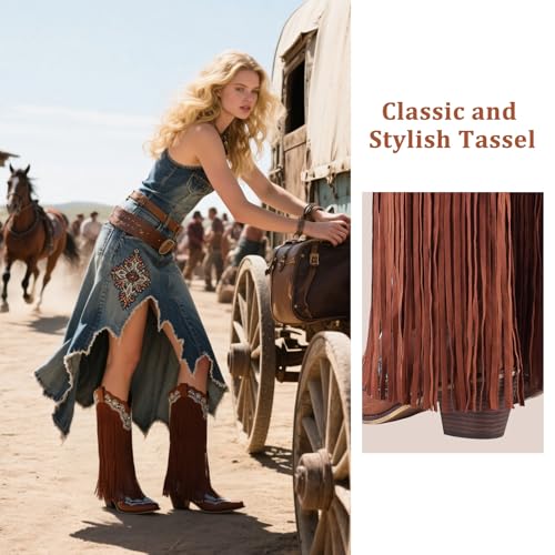 LingxiaUne Women's Fringe Western Cowboy Boots - Intricate Green Pattern Embellished Mid - Calf Boots3