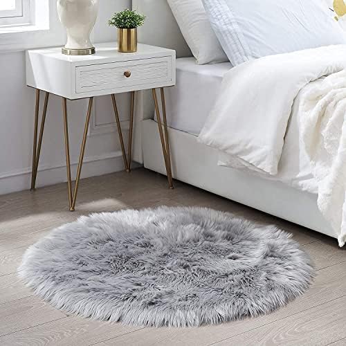 HEQUN Circular Faux Fur Sheepskin Style Rug Faux Fleece Chair Cover Seat Pad Soft Fluffy Shaggy Area Rugs For Bedroom Sofa Floor (Grey, 45 X 45CM)