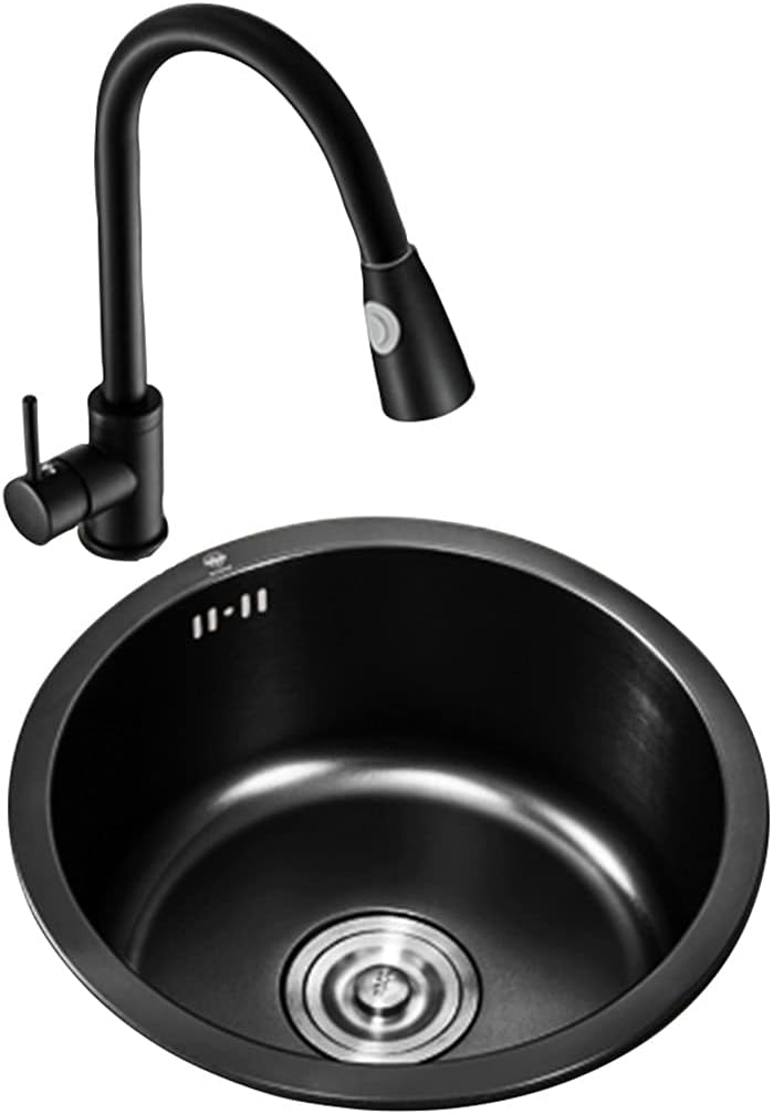 Kitchen Sink. Black Round Single Bowl Bar Prep with Dual Function Faucet and Installation Kit Drop-in Or Undermount (Black 40×40cm) (Black 40×40cm)
