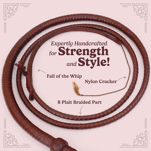 Indiana Jones Style 6 Foot 8 Plait Dark Brown Leather Bullwhip Real Cowhide Leather Bull Whip for Equestrians