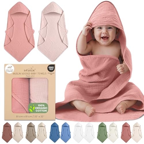 Image of infancie 100% Organic Cotton Muslin Baby Hooded Towels 32x32 Inch – 2 Pack Soft & Absorbent Baby Towels for Newborn for Boys & Girls, Premium Hooded Towels, Ultra-Gentle Baby Essentials in Rose/Peach