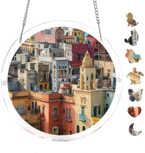 Jigsaw Puzzle Acrylic Suncatcher Large City with Clock Tower 83 Pieces Acrylic Sun Catcher Puzzle Kit for Doors Garden and Window Hanging, DIY Suncatcher Kits for Adults 7.4 Inch