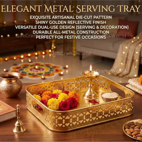 Image of Multipurpose Metal Basket For Gift Hamper, Pooja Temple Storage With Sturdy Handle, Decorative Flower Organizer & Versatile Puja Utility Accessories Home Decoration (Square Tray)
