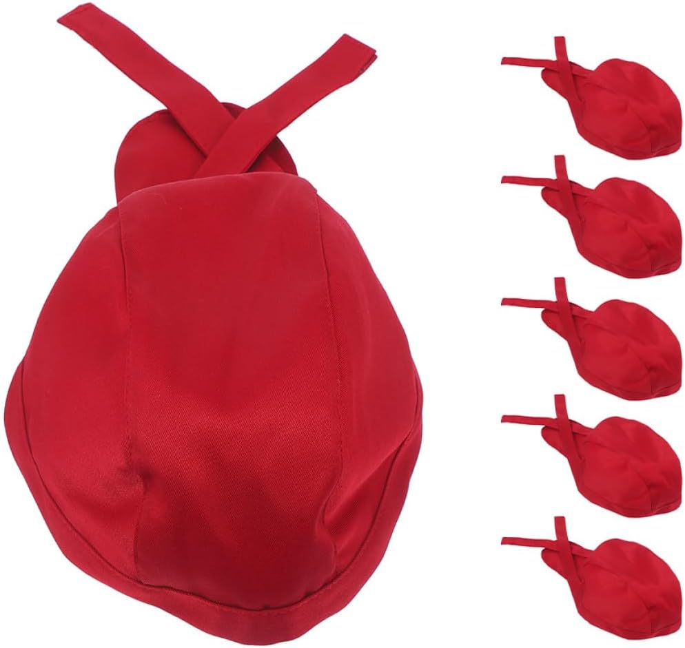 6pcs Adjustable Chef Hats Kitchen Cooking Caps Tie Back Bandana Unisex Restaurant Cook Hats Deep Red