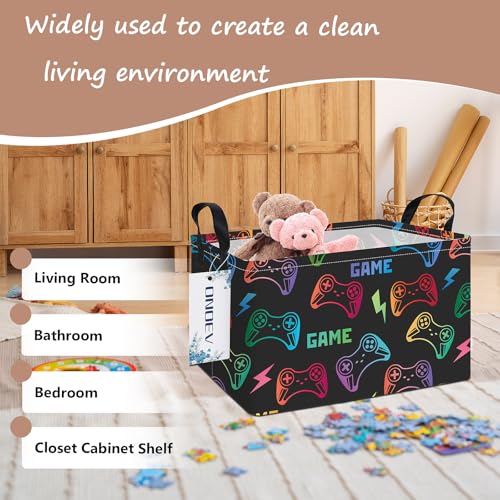 Image of Rectangular Gaming Pattern Foldable Clothes Closet Storage Bin | Damp resistant canvas fabric, sturdy stitched carry grips, space-saving holder arranges wardrobe and leisure area personal.