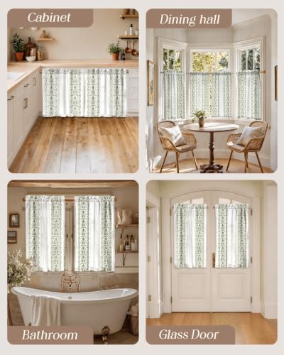 Image of Miss Adola Boho Kitchen Curtains - 45 Inch Length Linen Blend Green Floral Cafe Curtains Farmhouse Tier Curtain Short Drapes Rod Pocket for Bathroom Living Room Windows Light Filtering, 2 Panels