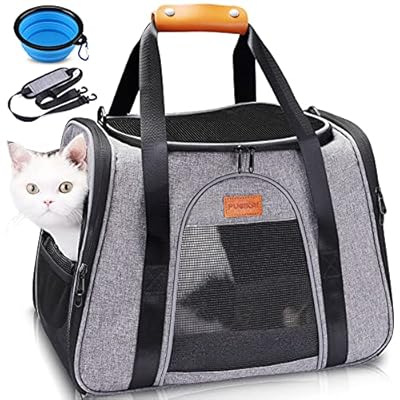 PUEIKAI Pet Carrier Bag, Portable Cat Carrier Bag with Two Windows, Detachable Cushion and Breathable Mesh, Airline-Approved Foldable Dog Carrier Bag, with Shoulder Strap and Pet Bowl