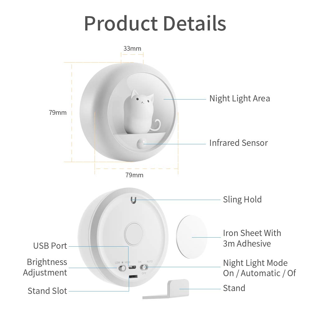 Veilleuse LED à détecteur de mouvement, rechargeable par USB, lumière LED sans fil, lumière LED pour placard, chambre à coucher, salle de bain, escaliers, armoire, cuisine, couloir, etc. Blanc