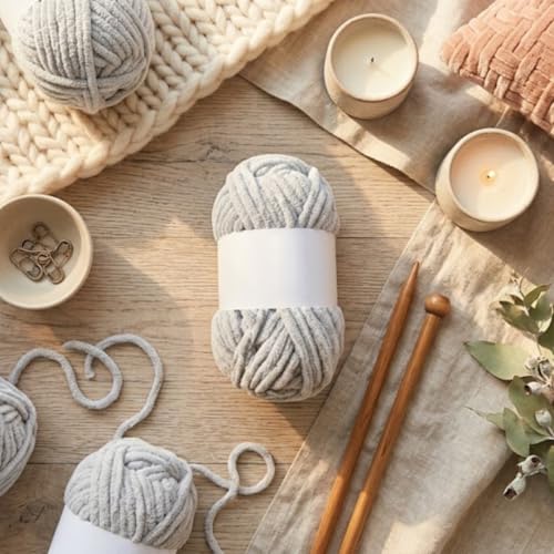 Image of Soft Chenille Yarn 100 gm Soft Velvet Wool Oon for Crochet Knitting DIY Craft Multipurpose Yarn Ball for Blanket Scarf Cushion Making (Purple) (Grey)