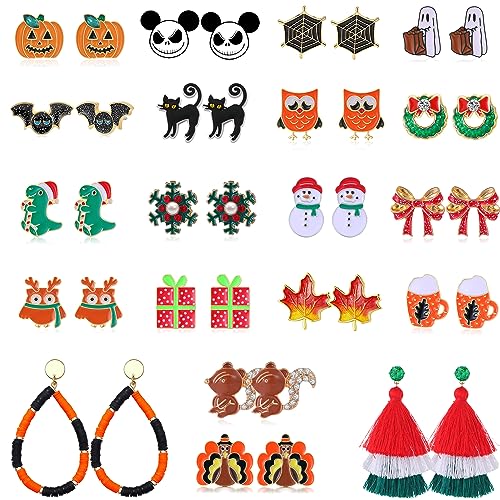 20 Pairs Christmas Earrings for Women Hypoallergenic Holiday Stud Earrings Set Bow Christmas Tree Snowman Gift Box Snowflake Earrings Turkey Maple Leaf Thanksgiving Drop Dangle Fall Earring Bulk for
