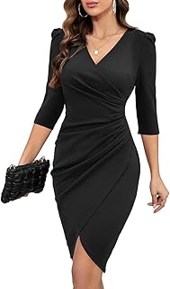 Women's 2025 Sexy V Neck 3/4 Sleeve Faux Wrap Ruched Sheath Bodycon Party Cocktail Work Dress