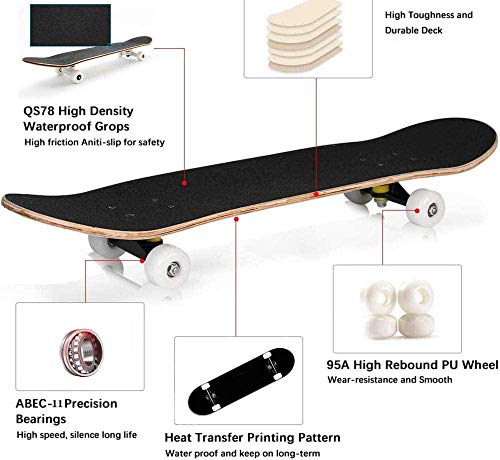 Skateboard, compleet board 31 X 8 inch Skateboards met dubbele kick, Abec-11 kogellagers, 7-laags esdoornhout Longboard… - Afbeelding 4