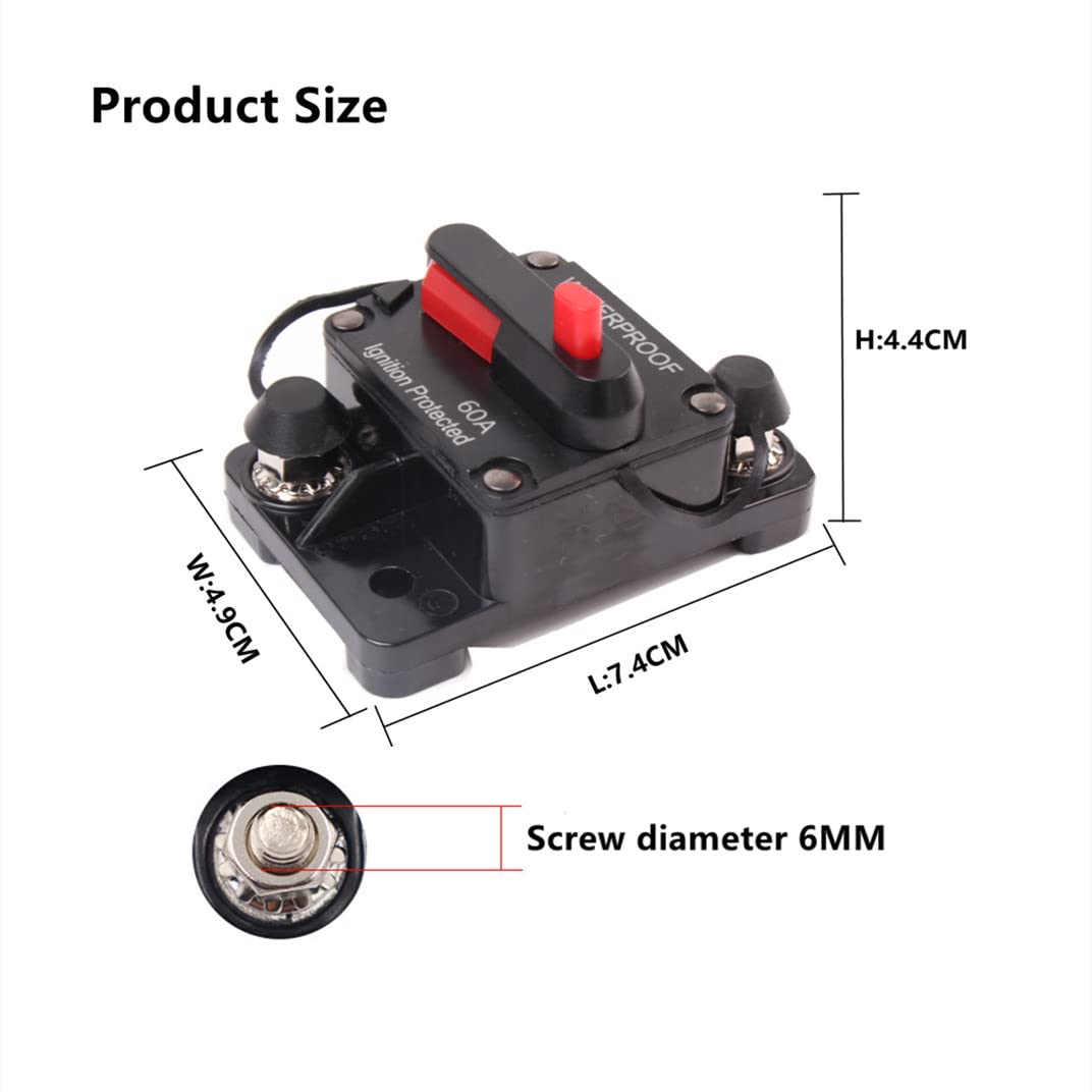 60A Inline Circuit Breaker 12V-48V DC With Manual Reset Stereo Audio Amplifier Waterproof For Automotive Marine Boat RV Audio System Protection ( 60A