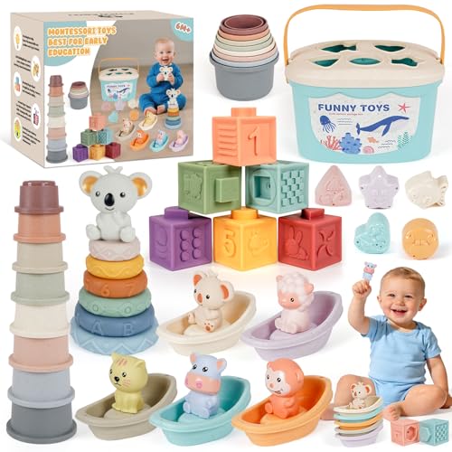 Image of Montessori Baby Toy for Infant 6-18 Months Learning Sensory Toy 6-12 Months | Shape Sorting Stacking Toys 6 Months Babies Gift Stacking Cups Soft Blocks Stackable Ring for Toddlers 1-3 Fine Motor Skills