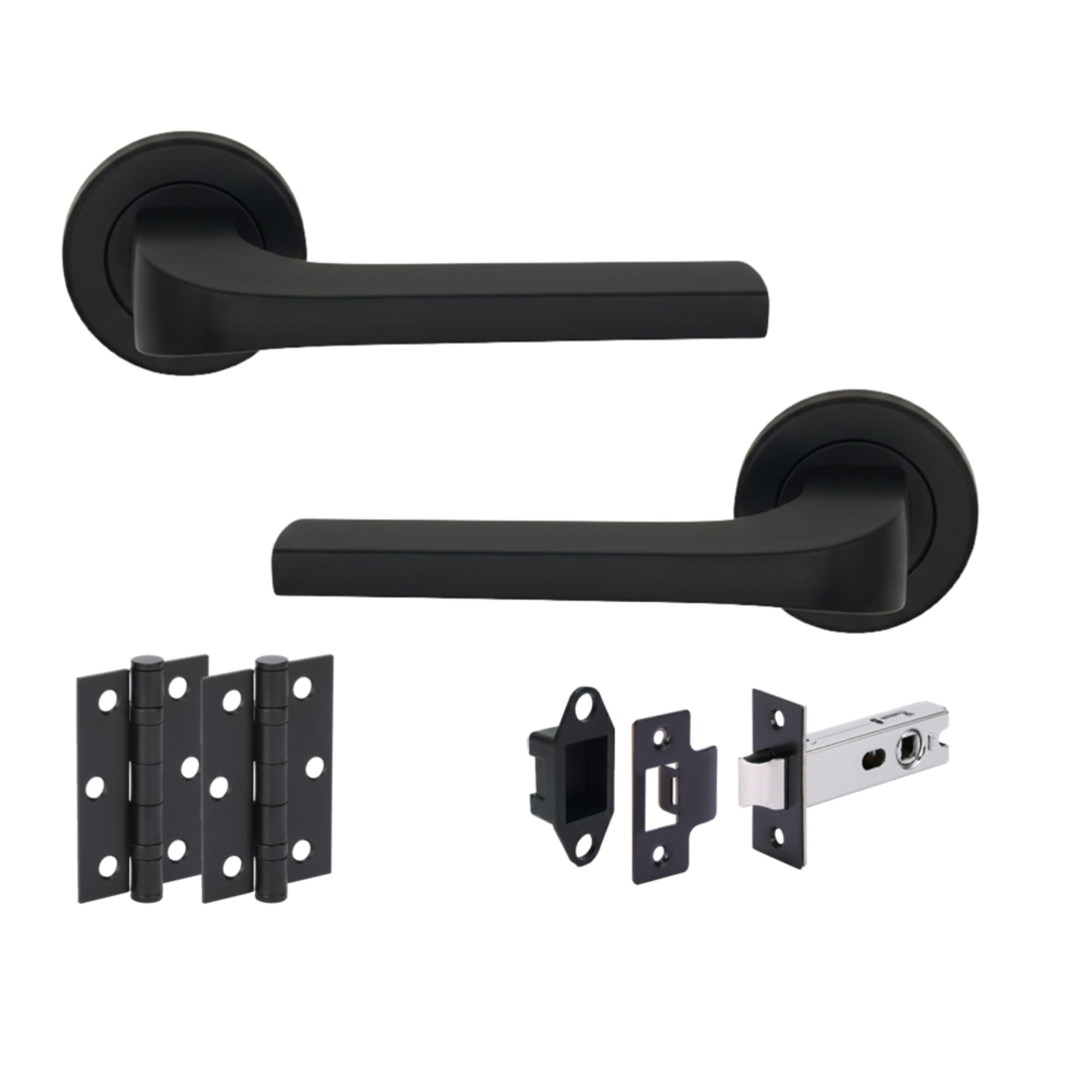 Hunta HANDLEZONE® Vento Matt Black Internal Door Handle Pack - Lever on Rose Set - 76mm Tubular Latch (57mm Backset) & 2 Ball Bearing Hinges - Passage for Internal Wooden Doors - 1 Pack
