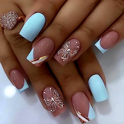 Onsdag French Tip Press On Nails Medium Length Square Fake Nails,Light Blue False Nails With Gold Butterfly Designs,Acrylic Coffin Artificial Nails Glue On Nails cover