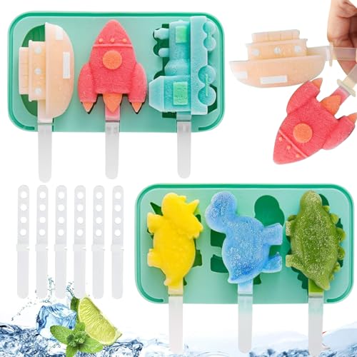 SOETDERT Moldes Helados, 2 Piezas Moldes de Helados Silicona sin BPA, Reutilizable Ice lolly Moulds Creativo de Animales y VehíCulos, Dinosaurio Molde Helado con Tapa para Niños y Adultos