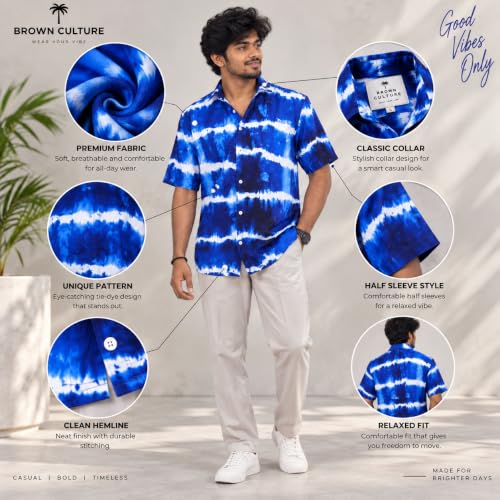 Image of BROWN CULTURE Half Sleeve Relaxed Fit Men's Casual Shirt | Cotton Blend Oversized Shirts for Men Loose Fit | Oversized Printed Shirts for Men | Men's Fashion Shirt