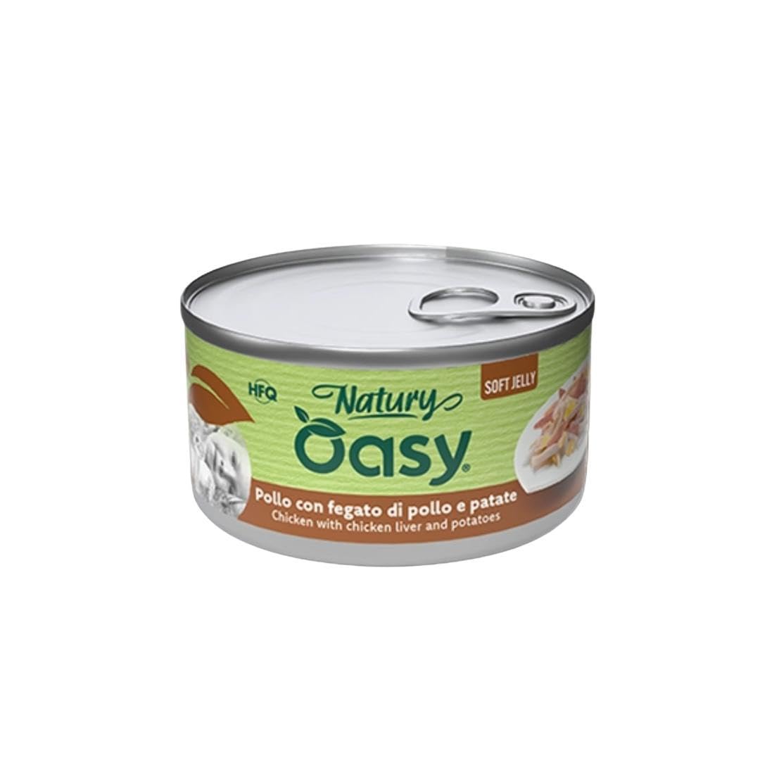Oasy Húmedo Gato Natury Sabor Pollo con Hígado de Pollo y Patatas, suaves filos naturales de Soft Jelly para gatos adultos de todos los tamaños y razas | 12 latas de 85 gramos cada una.
