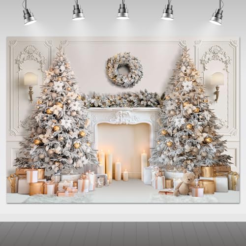 Mocsicka Classic Christmas Interior Room Photography Backdrop White Christmas Fireplace Photo Background Decorated Xmas Tree Family Kids Holiday Party Banner Decorations Photo Booth Props (10x8ft) by Mocsicka - Used condition - US$4.77
