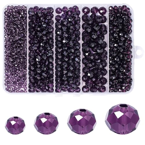 NITOPUPU 850Pcs 4/6/8/10mm Crystal Glass Beads for Jewelry Making Faceted Rondelle Flat Beads for Bracelets Necklace Earrings DIY Crafts(Purple Crystal Bead)