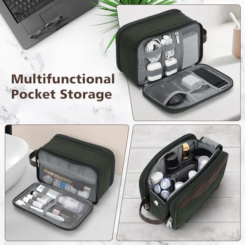 Image of Wedama Toiletry Bag for Men, Medium Hanging Travel Toiletry Bag, Extra Electronic Organizer Bag Waterproof Shaving Bag for Toiletry with PU Handle for Travel Business Trips Swim Camping, Green+ Brown