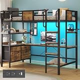 BYSAUD Twin Loft Bed with Desk, Bunk Bed with Upholstered Backrest, Loft Bed Twin Size with L-Shaped Desk & LED Lights & Charging Station, 5 Drawer&2 Pegboards, Safety Guard Ladder, Brown