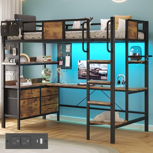 BYSAUD Twin Loft Bed with Desk, Bunk Bed with Upholstered Backrest, Loft Bed Twin Size with L-Shaped Desk & LED Lights & Charging Station, 5 Drawer&2 Pegboards, Safety Guard Ladder, Brown