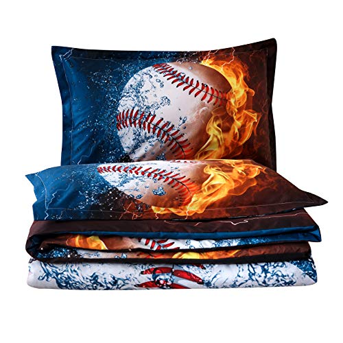 A Nice Night Baseball with Fire Print Comforter Quilt Set Bedding Sets for Teen Boys (Baseball,Full Size)