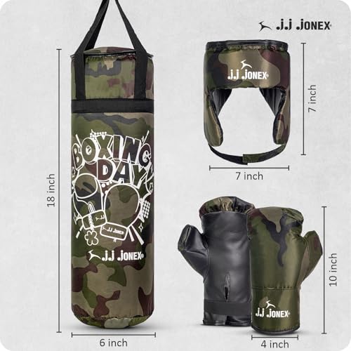 Image of JJ Jonex Sports Kids Boxing Punching Bag Set - Heavy Boxing Bag, Gloves, MMA, Home Gym & Martial Arts Training Equipment | for Boys & Girls for Age 3 4 5 6 7 8 Years | Camouflage Color |